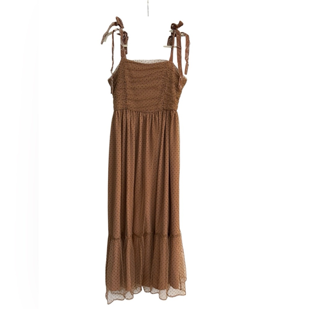 Entro Camel Polka Dotted Mesh Overlay Shoulder Tie Maxi Dress Medium Fairycore - Picture 9 of 16
